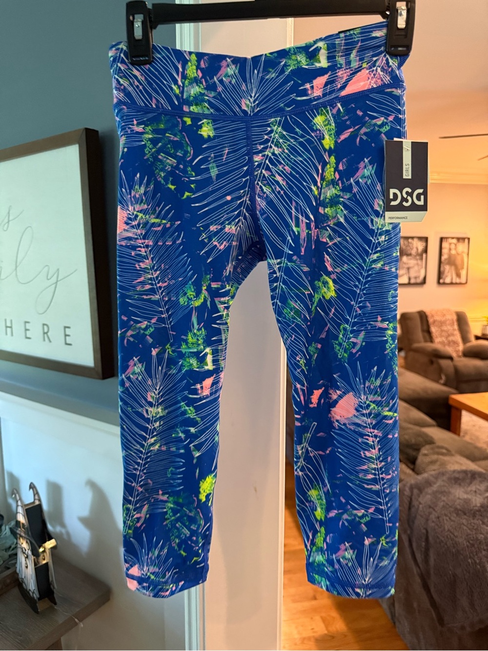 DSG girls Blue Leggings with Pink & Neon Green Tropics